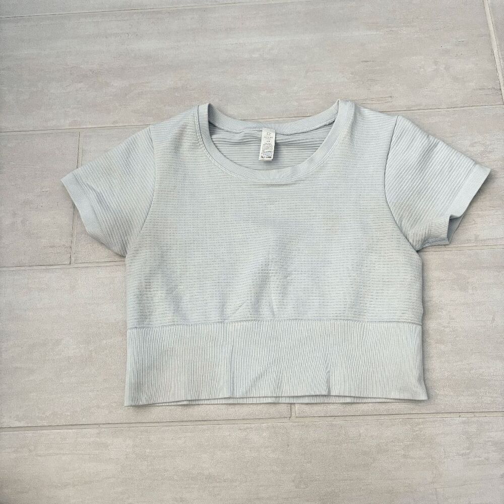 Aerie Offline Crop Top Seamless Ribbed Short Sleeve Slimming Baby Blue Medium